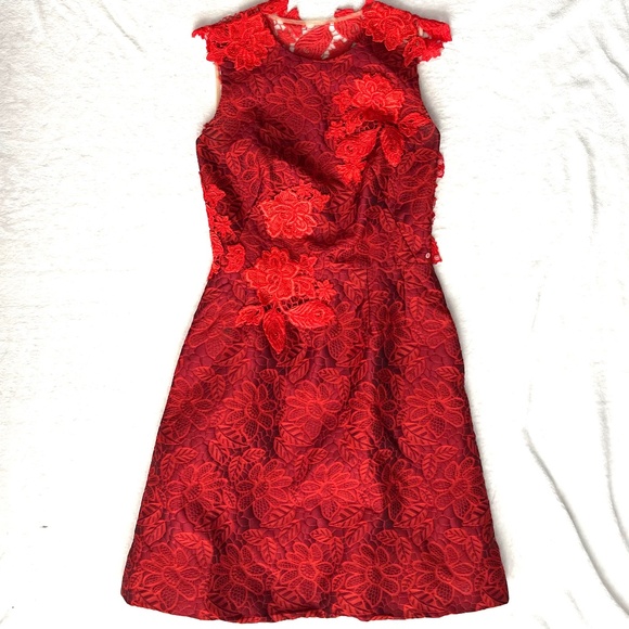 ML Monique Lhuiller Red Brocade Lorax and Lace Dress Sz 4 - Picture 6 of 11